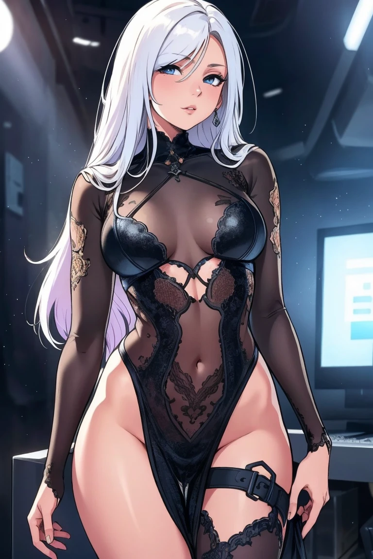 No panties, No clothes, Woman with open legs, White hair, a purple eye,is shy,exposing her chest,The kinky is exposed