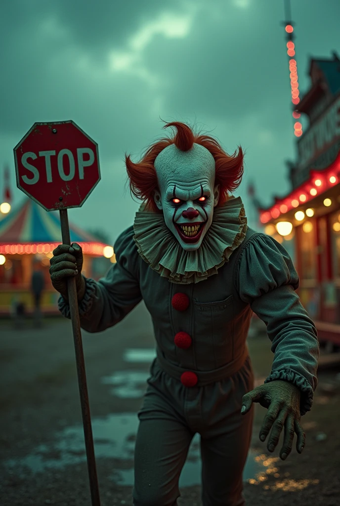 A grotesque zombie clown with dark green skin, jaw exposed, and glowing red eyes full of hatred, casting red energy. He wears a messy blood-red clown wig, his tattered gray clothes hang loosely, and he holds a "STOP" sign like a weapon. The background is a haunting, abandoned carnival with faded tents and broken rides under an ominous sky, casting the scene in surreal shadows. Red and gray lighting create a sense of dread. Created using: surreal lighting, horror composition, ultra-detailed textures, dynamic colors, eerie setting, cinematic framing, hd quality, horror atmosphere --ar 16:9 --v 6.0