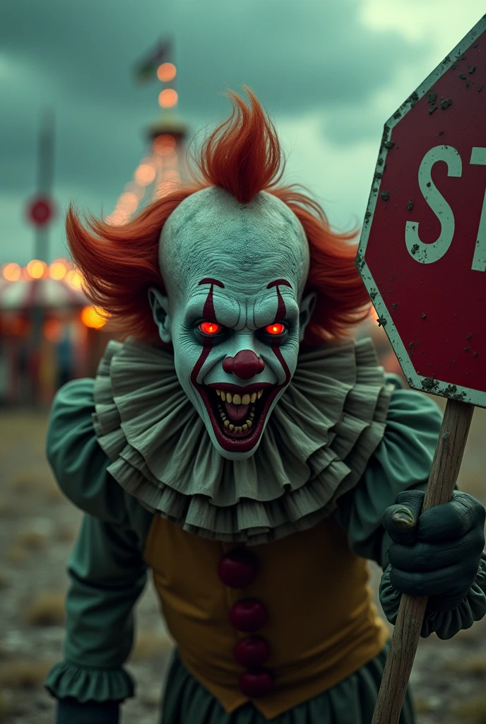 A grotesque zombie clown with dark green skin, jaw exposed, and glowing red eyes full of hatred, casting red energy. He wears a messy blood-red clown wig, his tattered gray clothes hang loosely, and he holds a "STOP" sign like a weapon. The background is a haunting, abandoned carnival with faded tents and broken rides under an ominous sky, casting the scene in surreal shadows. Red and gray lighting create a sense of dread. Created using: surreal lighting, horror composition, ultra-detailed textures, dynamic colors, eerie setting, cinematic framing, hd quality, horror atmosphere --ar 16:9 --v 6.0