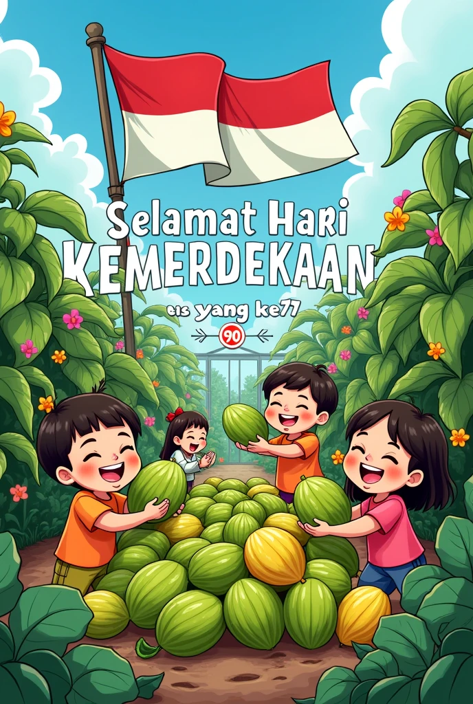Create a sketch of the 79th Indonesian Independence Day celebration with the theme of picking melon plants with a greenhouse background, together with citizens with cartoon characters, there is an Indonesian flag, writing "Happy 79th Indonesian Independence Day" in Indonesian language. 