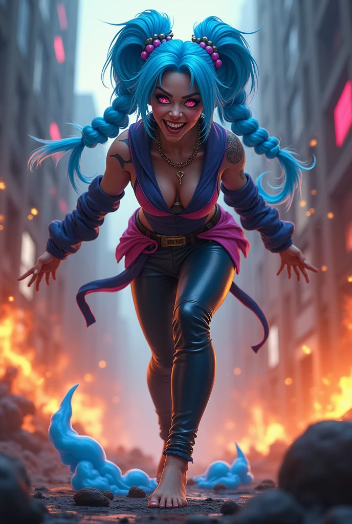 Realistic image of Jinx from League of Legends, Arcane style. Full body close-up of the character, with focus on a dynamic pose where Jinx appears to be stepping towards the camera, with bare feet in the foreground. The perspective must be from bottom to top, capturing the view of the feet in prominence.

Jinx should have long, light blue hair, divided into two high tails and braided in long braids. She is wearing tight leather pants and a colorful top, blue and pink. Her expression should be intense and crazy, with detailed red and purple eyes and a wide smile.

The background should show a scene of chaos, With fire and explosions, reflecting a city in flames. Add visible blue cloud tattoos and flare effects around the feet to emphasize the scene. Lighting should be lateral and cinematic, highlighting its features and details. The image must be ultra detailed, with photorealistic quality, in high resolution of 8K or higher, with a complex background and a dark and spectacular composition.”