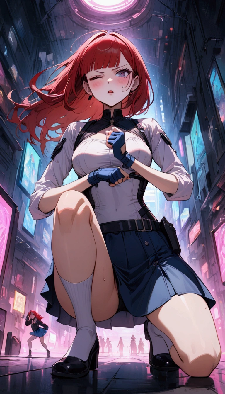 {{hold down one's stomach with one's hands:1.6}},{{{Cyberpunk style}},from below,dutch angle,{{masterpiece}}, {{{Highest quality}}},{{Very detailed}},{{Female　futuristic card duelist　with model body}},{{standing on one knee:1.6}}{{knee up:1.6}},{{Model-like body type:1.6}},{{Cyberpunk style　card duelist}},{{critical situation:1.6}},{{}},Beautiful thighs,1girl,30years old,{Mature Woman}},{{Very slender legs:1.4}},skinny,Very thin legs,White high socks,{{Blue mini skirt:1.2}},White long-sleeved blouse,BLUE fingerless gloves,holster,{{Grit your teeth:1.4}},,{{v-shaped eyebrows}},Bad mood,blush,Sweat,raise one's eyebrows　,{{}}、straight hair,{long red hair }},blunt bangs．abdominal pain ,{{pain}}, ,Inside the stadium