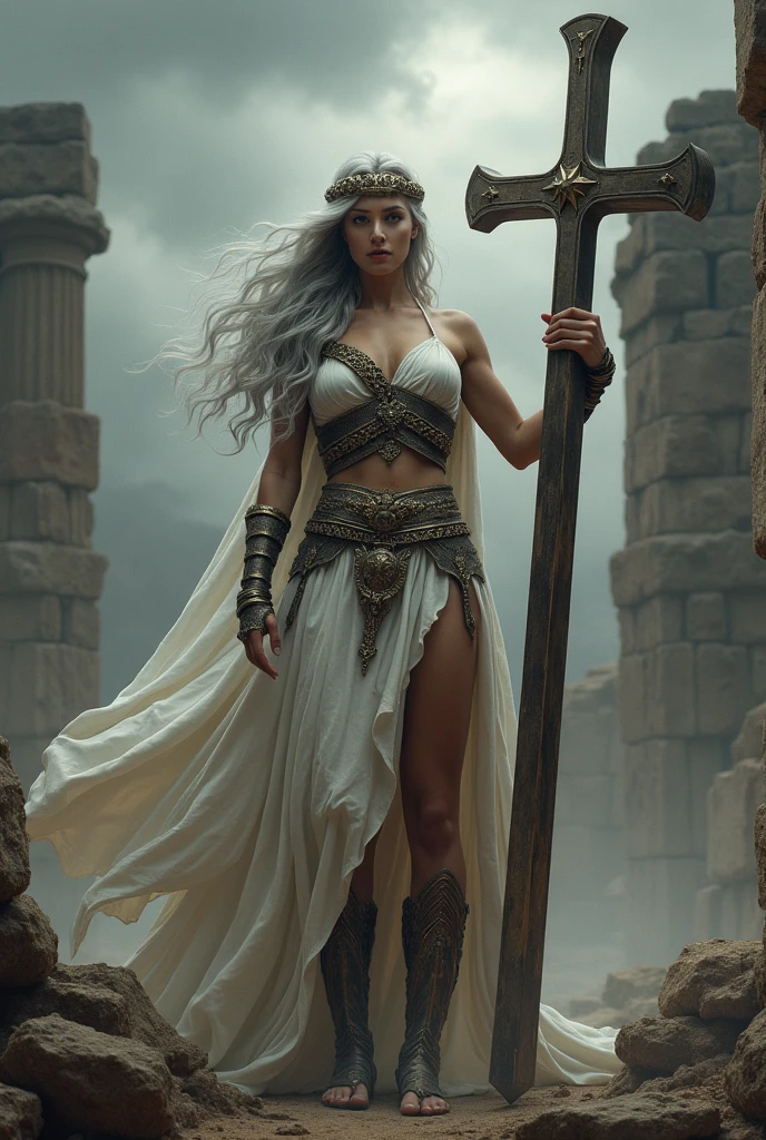 Greek warrior goddess of anger and punishment, Namely, silver hair, in long Greek toga, fresh beauty, big breasts, muscular body，It seems severe and relentless Description of the Ultra Precise Pointer, photorealistic, Super detail, master part, Best Quality, A high resolution, 8k，armor，Huge cross