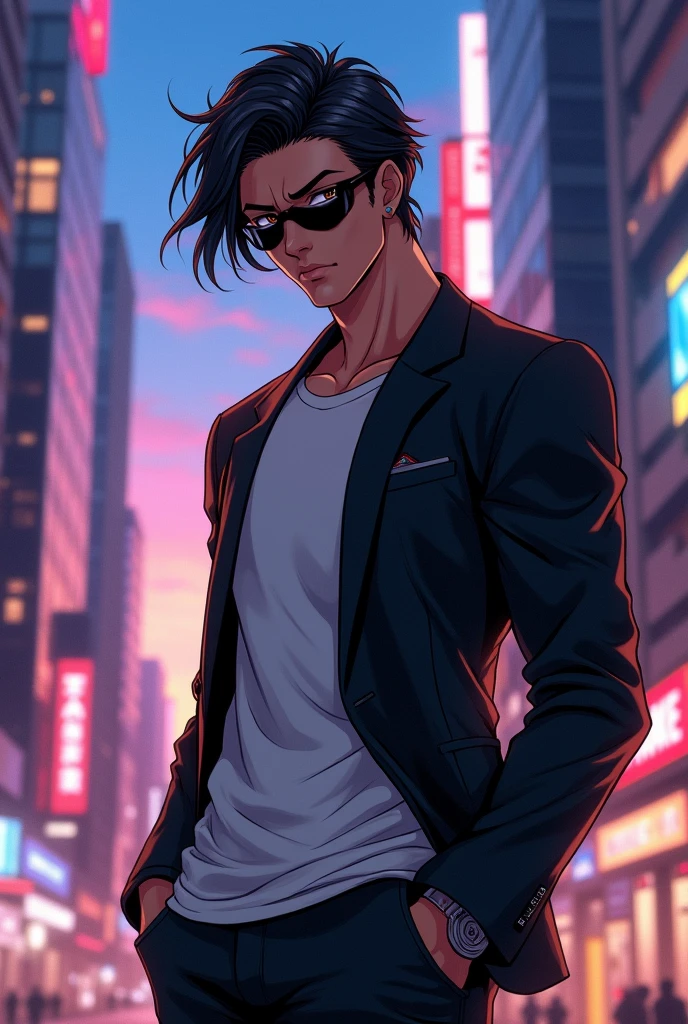 Anime Man with Messy Laid-back Black Hair, Dark Brown Eyes, Light Brown Skin, Athletic Body and Broad Shoulders.
Wearing a Black Half Mask on Face, Sliver Metallic Watch on Wrist, Black Suit with a White T-shirt Underneath and Black Jeans, Black Sneakers.