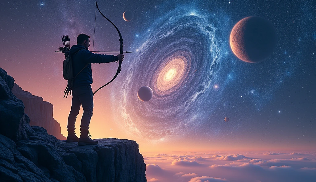 A striking and dynamic thumbnail that captures the essence of Sagittarius in astrology. The central focus is a confident, adventurous individual with a bow and arrow, standing on a rocky cliff overlooking a vast, starry sky. The archer is dressed in modern, stylish attire, embodying both the adventurous spirit and contemporary relevance of Sagittarius. Surrounding the figure are celestial elements like glowing planets, constellations, and a radiant zodiac wheel, all set against a dramatic cosmic backdrop with vibrant hues of deep blue, purple, and gold. The title “The Sagittarius in Astrology” is prominently displayed at the top in bold, eye-catching text with a futuristic font, ensuring it stands out against the celestial scene. The overall atmosphere conveys a sense of wonder, exploration, and excitement, inviting viewers to dive into the mysteries of Sagittarius. --ar 16:9