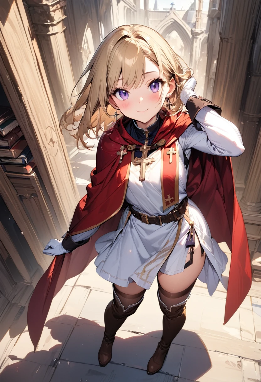 (masterpiece),(best quality),(ultra-detailed),(best illustration),(best shadow),(absurdres),(detailed background),(very aesthetic), 1girl, solo, smile, boots, blonde-hair, purple-eyes, gloves, looking-at-viewer, thighhighs, full-body, cape, white-gloves, dress, red-cape, closed-mouth, white-dress, side-slit, book, long-sleeves, simple-background, standing, brown-thighhighs, brown-footwear, outline, belt, knee-boots, cross, jewelry, juliet-sleeves, tabard, medium-hair, earrings, blush, hand-in-own-hair, puffy-sleeves
