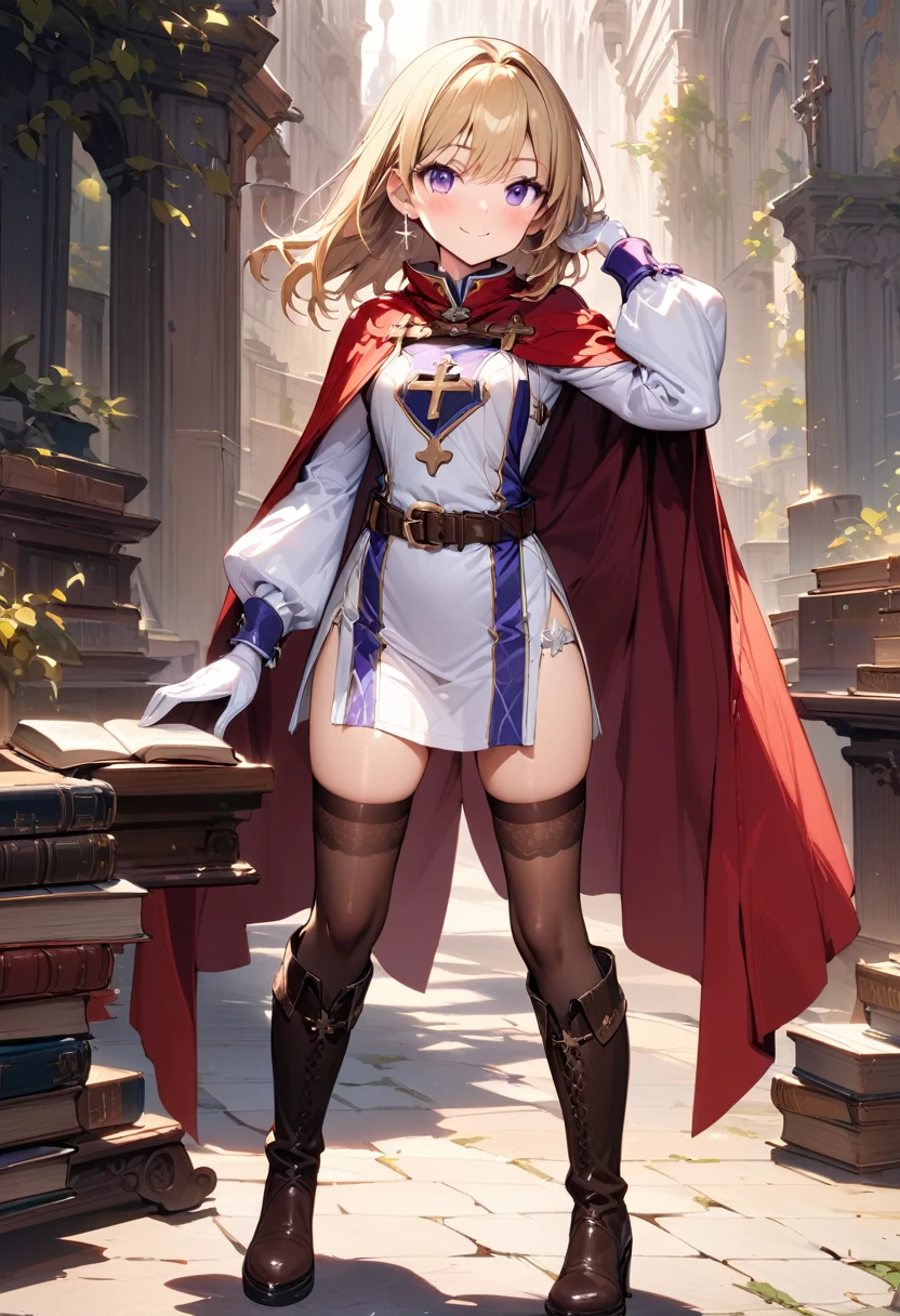 (masterpiece),(best quality),(ultra-detailed),(best illustration),(best shadow),(absurdres),(detailed background),(very aesthetic), 1girl, solo, smile, boots, blonde-hair, purple-eyes, gloves, looking-at-viewer, thighhighs, full-body, cape, white-gloves, dress, red-cape, closed-mouth, white-dress, side-slit, book, long-sleeves, simple-background, standing, brown-thighhighs, brown-footwear, outline, belt, knee-boots, cross, jewelry, juliet-sleeves, tabard, medium-hair, earrings, blush, hand-in-own-hair, puffy-sleeves