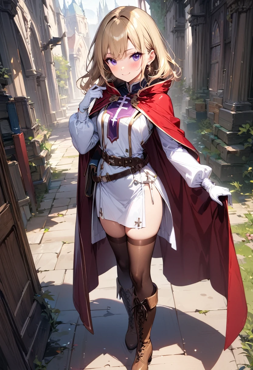 (masterpiece),(best quality),(ultra-detailed),(best illustration),(best shadow),(absurdres),(detailed background),(very aesthetic), 1girl, solo, smile, boots, blonde-hair, purple-eyes, gloves, looking-at-viewer, thighhighs, full-body, cape, white-gloves, dress, red-cape, closed-mouth, white-dress, side-slit, book, long-sleeves, simple-background, standing, brown-thighhighs, brown-footwear, outline, belt, knee-boots, cross, jewelry, juliet-sleeves, tabard, medium-hair, earrings, blush, hand-in-own-hair, puffy-sleeves
