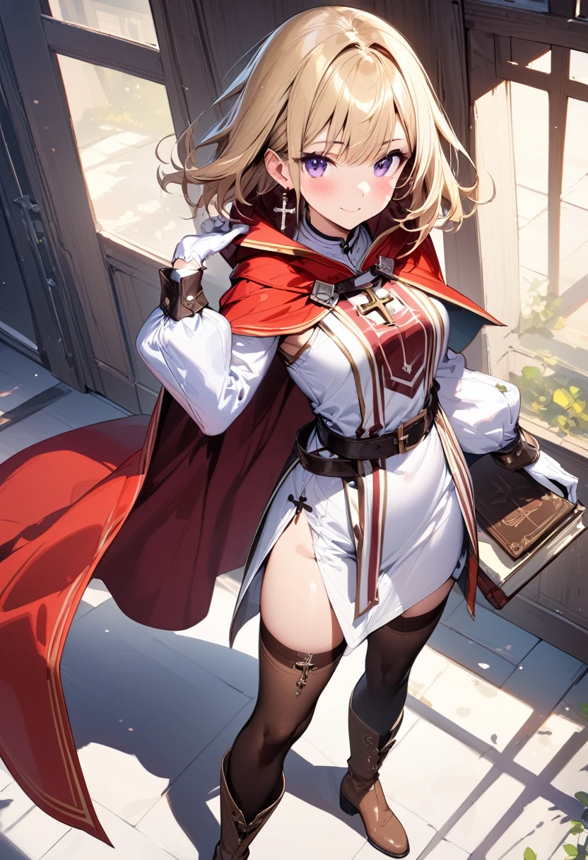 (masterpiece),(best quality),(ultra-detailed),(best illustration),(best shadow),(absurdres),(detailed background),(very aesthetic), 1girl, solo, smile, boots, blonde-hair, purple-eyes, gloves, looking-at-viewer, thighhighs, full-body, cape, white-gloves, dress, red-cape, closed-mouth, white-dress, side-slit, book, long-sleeves, simple-background, standing, brown-thighhighs, brown-footwear, outline, belt, knee-boots, cross, jewelry, juliet-sleeves, tabard, medium-hair, earrings, blush, hand-in-own-hair, puffy-sleeves
