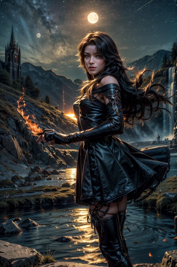 (masterpiece, best quality:1.2), cowboy shot, solo, 1girl, cinder fall, smiling, looking at viewer, long hair, t-shirt, skirt, elbow gloves, holding flames, near river in forest, broken bridge in the background, bonfires, crowd, (crowd dressed in military uniforms, searching with rifles) night, stars, moon (volumetric lighting), sharp focus, hyper detailed