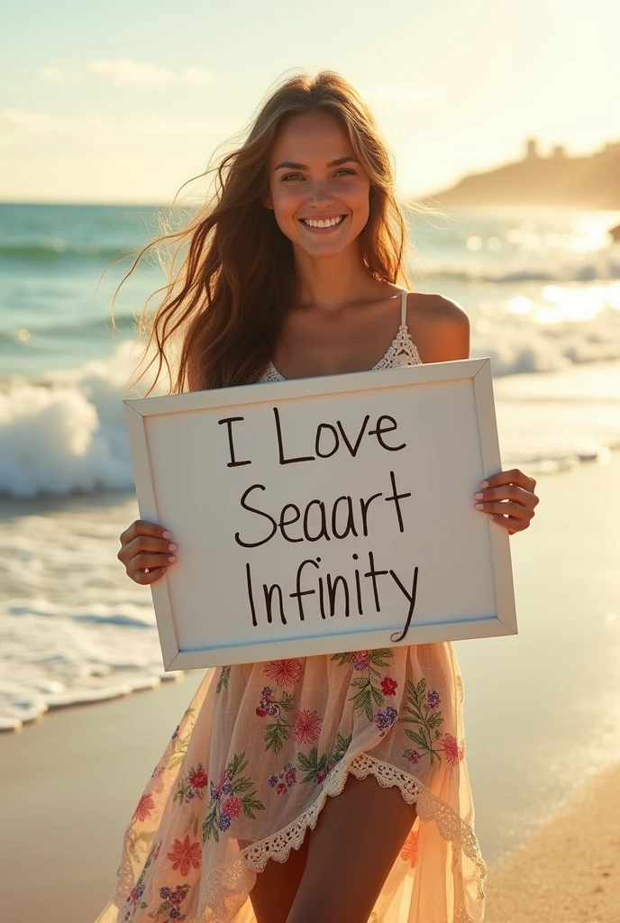 Beautiful girl with wavy long hair, bohemian dress, holding a white board with text "I Love Seaart Infinity" and showing it to the viewer