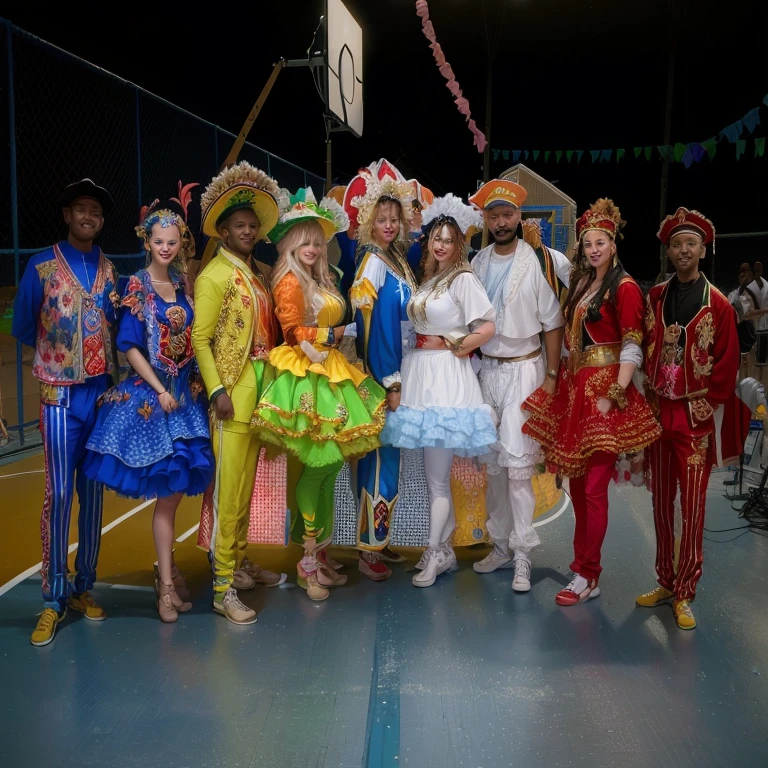 Several people in costumes posing for a photo on a basketball court, carneval de Barranquilha, folk, floats carneval, elaborately costumed, carneval, carneval, slide show, circus performance, Festival, custom, brazil carneval, music video, full body in shot, Music show, official photos, customs, a portrait, considering, Pyear of background, dancers