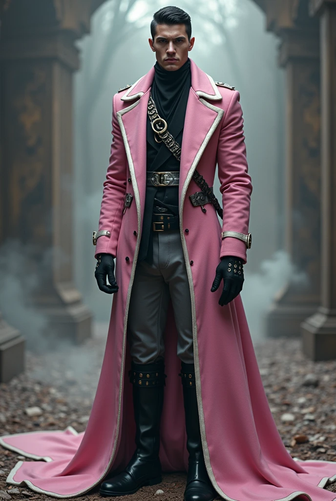 A tall male figure, 194 cm in height, european face, with short black hair, wearing a distinctive long pink coat with white trim that extends down to just above the ankles. The coat features a high collar and a unique design with straps crossing the chest, secured by circular, metallic clasps, and is specifically designed to carry sword sheaths on the back, adding both functionality and style. He stands confidently, exuding a calm and collected demeanor, embodying stoicism and an air of detachment from the concepts of good and evil. His expression is serious but not malevolent, reflecting an amoral antihero with no fixed goal.
The character wears a snug black flat cap, matching black gloves, and a simple black shirt underneath the coat. Gray pants fit neatly without being too tight, and black shoes complete the look. Shadowy elements subtly surround him, hinting at his secret identity as The Darkness Lord, with the power to alter reality with a mere snap of his fingers. Faint, ethereal scars are visible, symbolizing his near-absolute immortality and the ability to heal any wound effortlessly. The background suggests a timeless existence, with glimpses of countless worlds and dimensions in the distance, representing his rebirth after each death. The scene exudes mystery, immense power, and readiness for action, capturing the essence of a being who has lived over 86 billion lives.