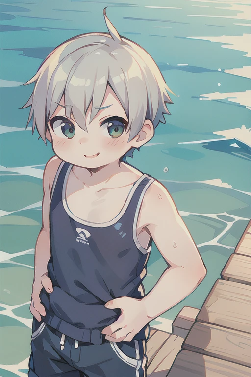 Highest quality, (high quality),eye highlights,arms are thin, thin body,put both hands on cheeks,face,from front,(portrait),((very short hair)),look at viewer,droopy eyes,smile,Pouting mouth,open your mouth and laugh,(((chilled boy))), (1 boy),silver hair, swim suit,half pants,illustration, beach,summer,sea, splash of water,