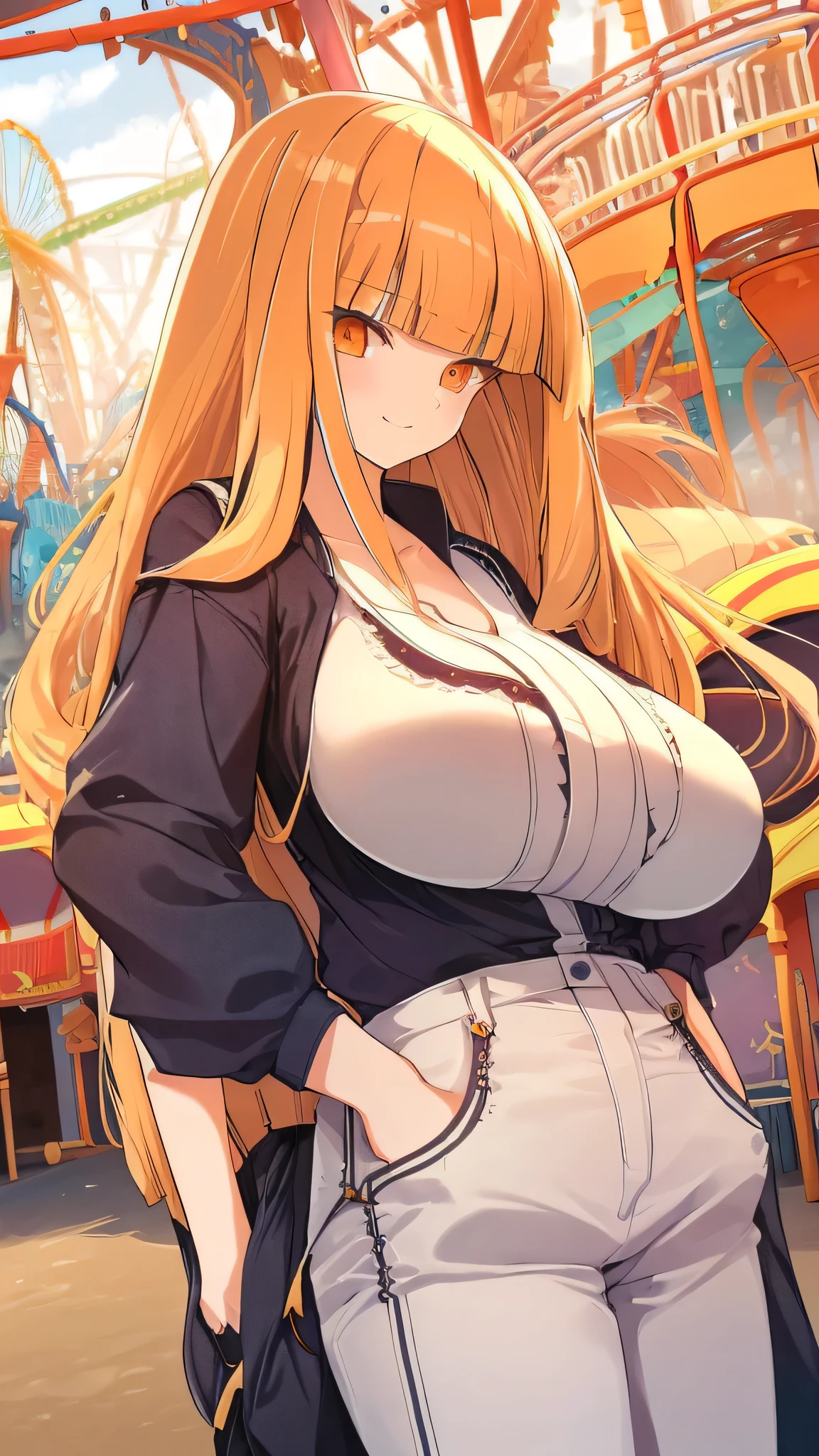 best qualityer, extremely detaild,Anime style girl,((wavy)) long hair,((((Blunt bangs)))),(hair between the eyes),Shiny Blonde Hair,beautiful detailed eyes,orange eyes,Piercing eyes with many eyelashes,Breasts huge,(((casual outfit))),Short pants,pants,hair ornament,((((Amusement park)))),ssmile,dynamic pose