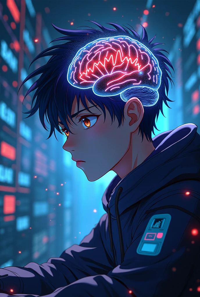 create an image of a developed or underdeveloped brain with trading abilities, anime gamer guy