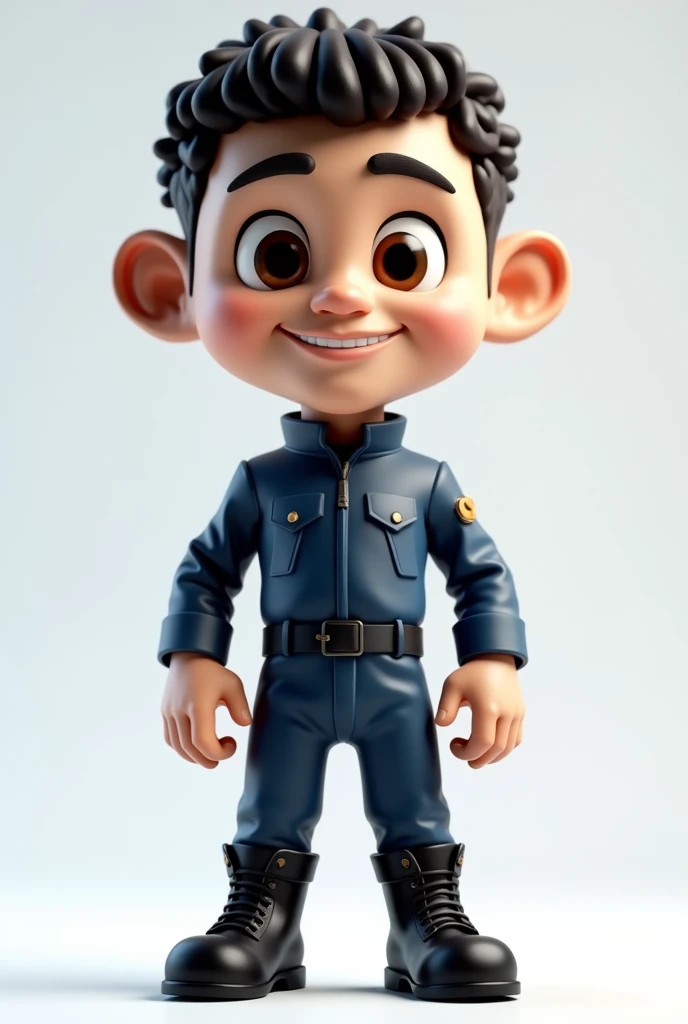 Create a 3d mascot with an adult face without a beard, a thin, light brown male with a thin face and a thin chin with brown eyes in a dark blue uniform with dark blue pants without details with black boots, and also with curly, short hair, goose bumps and bald with a thin nose.