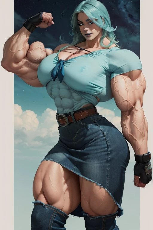 ((Close-up)), tall, (cyan hair) beautiful muscular woman, long beachy hair, pale white skinned, large breast, closed smile, (black lipstick), (massive muscles), (hyper muscle), ((ginormous bulky muscles)), purple eyes, (((cyan shirt))), (((long denim skirt with belt))), (fingerless gloves), necktie, boots, in a starry field, 