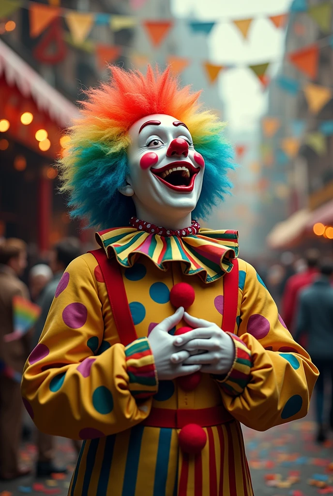 a clown crying with laughter , like an emoji, laughing out loud, ate crying
