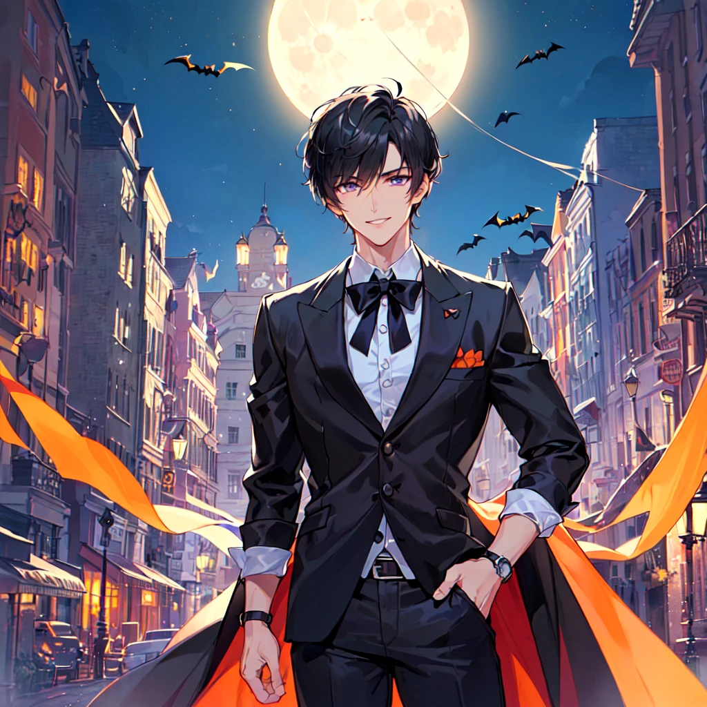 masterpiece,best quality,high quality,(1 male austere handsome solo adult age 30 years old:1.5), purple eyes, cool with suspended eyes, V-shaped eyebrows, body strong and fearless 8.5 head tall, height 185cm, (well-groomed black short hair down to neck:1.4), (bangs 7 thirds parted:1.4), slender nose, facial muscles, throat, (pants in Halloween fashion:1.3), (standing:1.3), (stylish pose), (cool smile:1.3), (background Halloween town:1.3) , (moonlit night:1.3), (upper body:1.3)