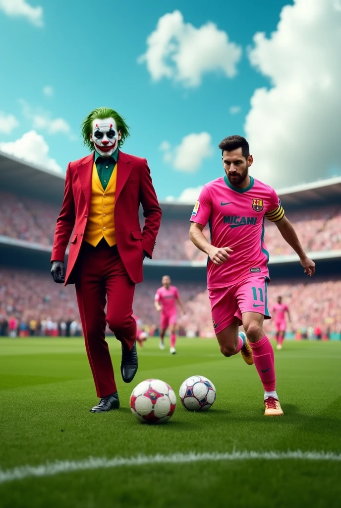 Make Joaquin Phoenix's Joker from the 2019 movie, with his original makeup and red suit, playing soccer with Lionel Messi in his pink Miami uniform..