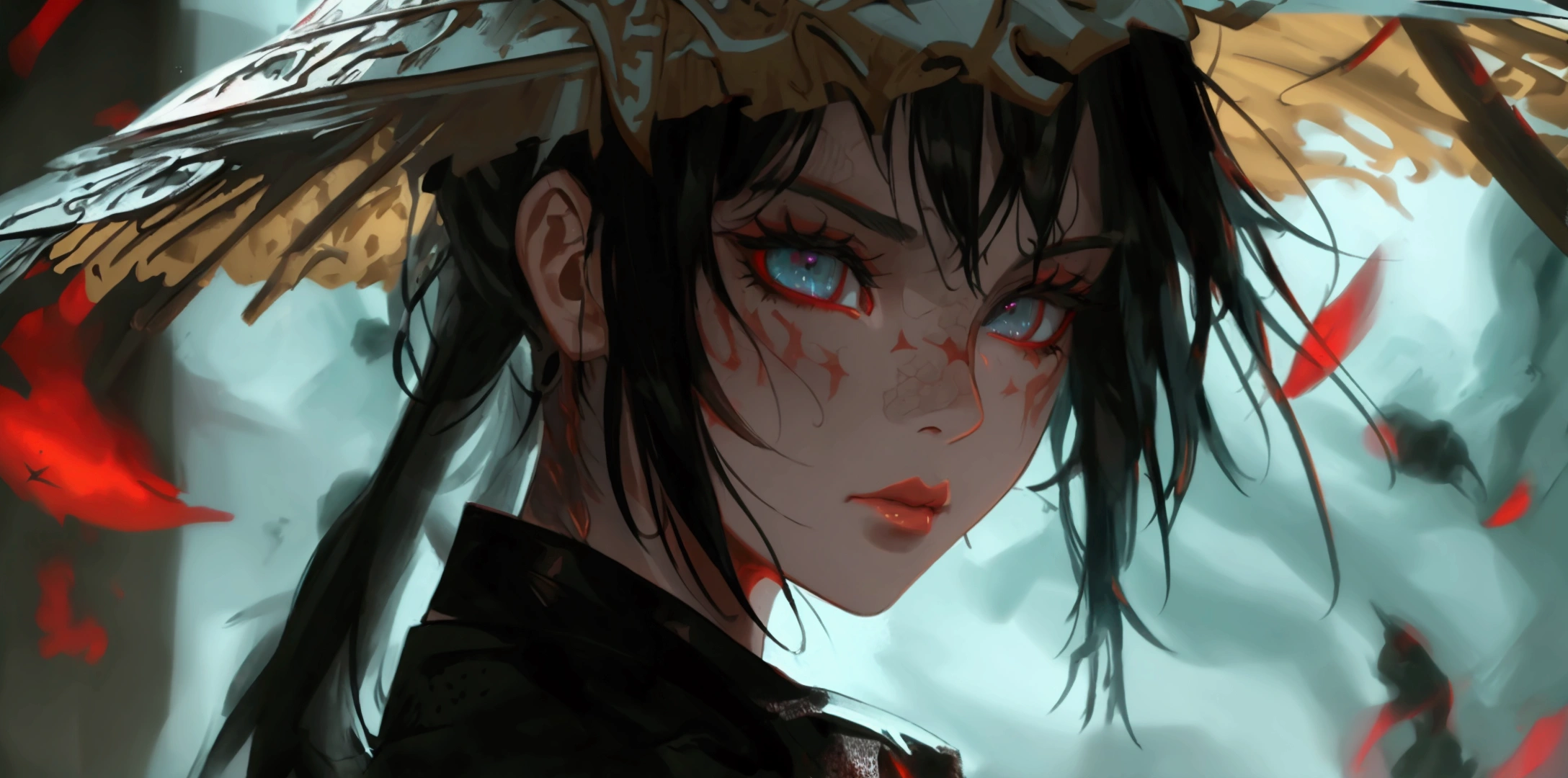 a ninja girl in demon slayer outfit, detailed black cape, heavy detailed clothes, detailed demon slayer background, dark fantasy, (best quality,4k,8k,highres,masterpiece:1.2),ultra-detailed,1girl,beautiful detailed eyes,beautiful detailed lips,extremely detailed eyes and face,longeyelashes,digital painting,oil painting,cinematic lighting,dramatic lighting,moody lighting,dark mood,dramatic contrast,dark fantasy art,highly detailed,hyper realistic,intricate details,gothic,dark colors,muted colors