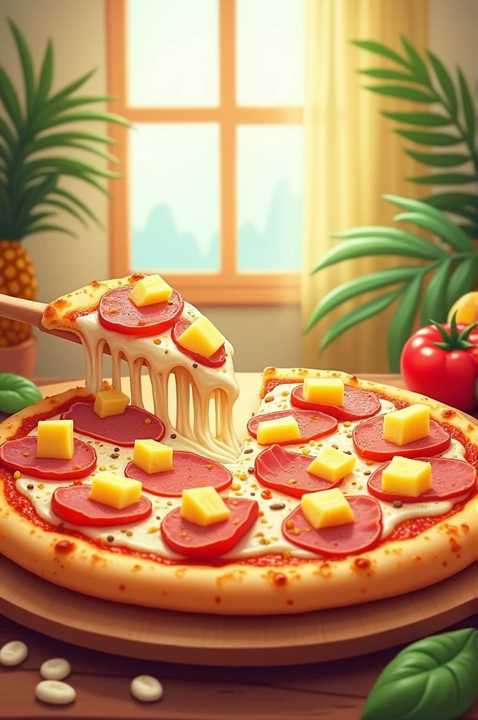 Simple drawing of a Hawaiian pizza with pineapple and ham