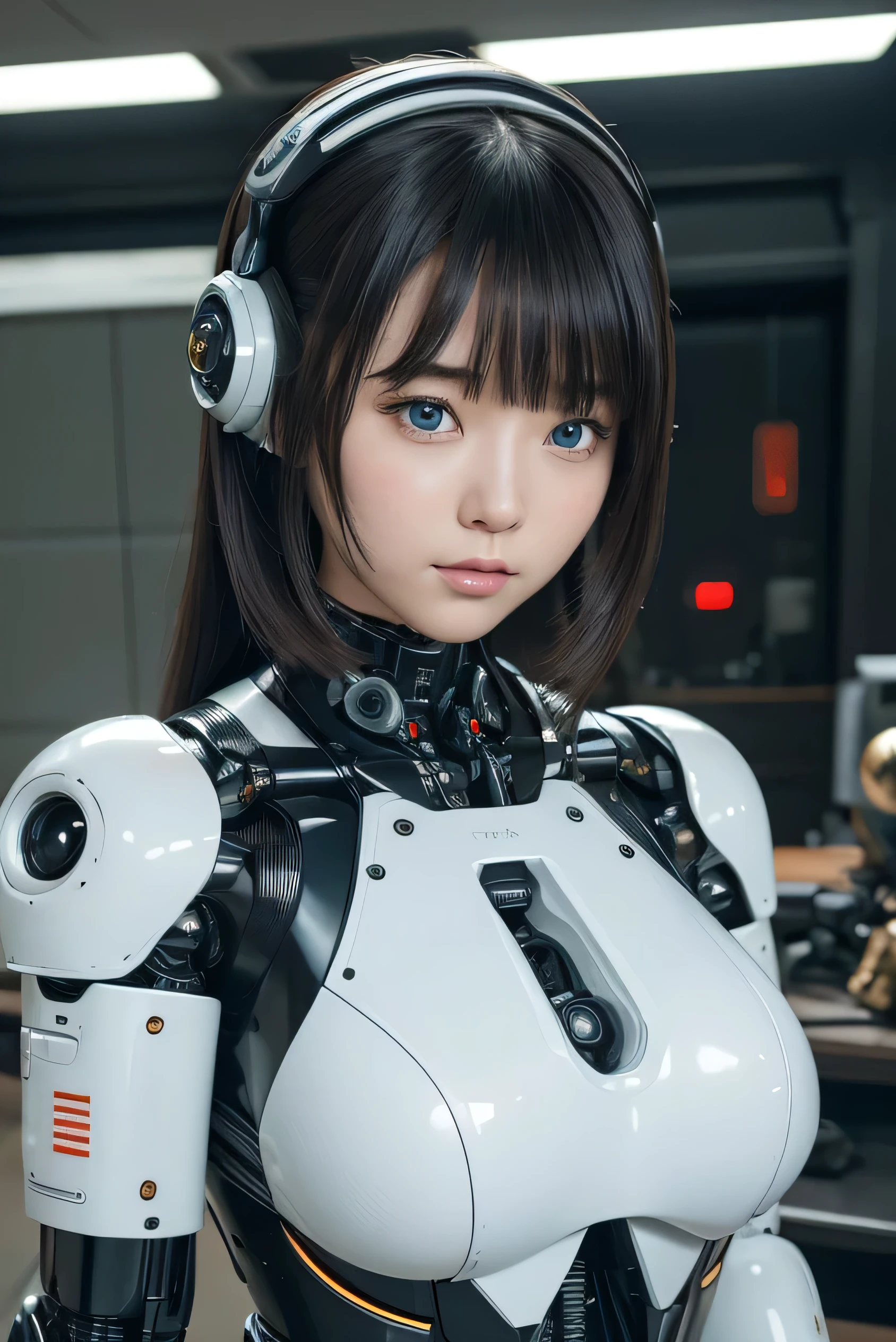 masterpiece, best quality, extremely detailed, portrait,Japaese android girl,Plump,a bit chubby,control panels,android,Droid,Mechanical Hand, ,Robot arms and legs, Black hair,Mechanical body,Blunt bangs,White Robotics Parts,perfect robot woman,Charging spot,Long Tube,A thick cable was connected to her neck,perfect mechanical body,white robotics body,future assembly plant,white body,She has repaired,black sponge joints,android assembly plant,android,laboratory,perfect machine body,white robot body,blue eyes