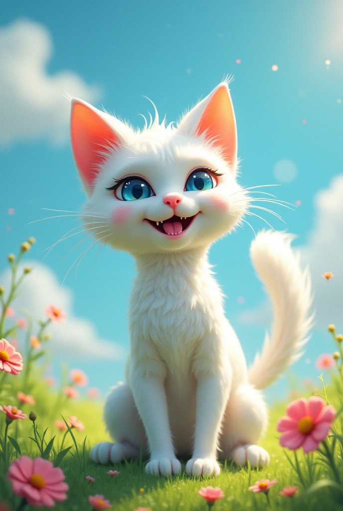 A white latex cat with blue eyes, a large tail, sticking its tongue out a bit, white fur, and huge breasts and ass.