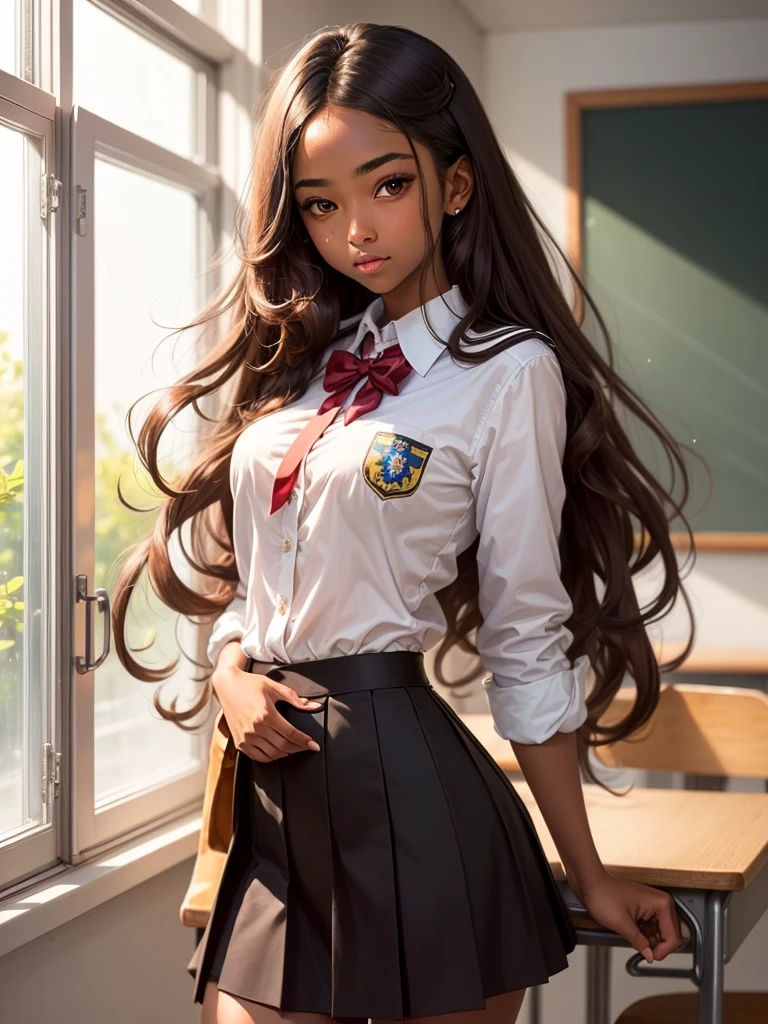 A girl with very long curly hair, dark brown hair with highlights. Light brown eyes, average height, very dark skin with a very beautiful body in a black school uniform. 
