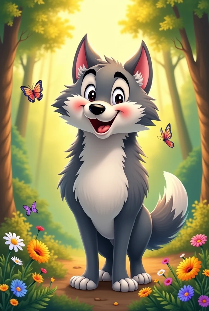 A big gray cartoon wolf