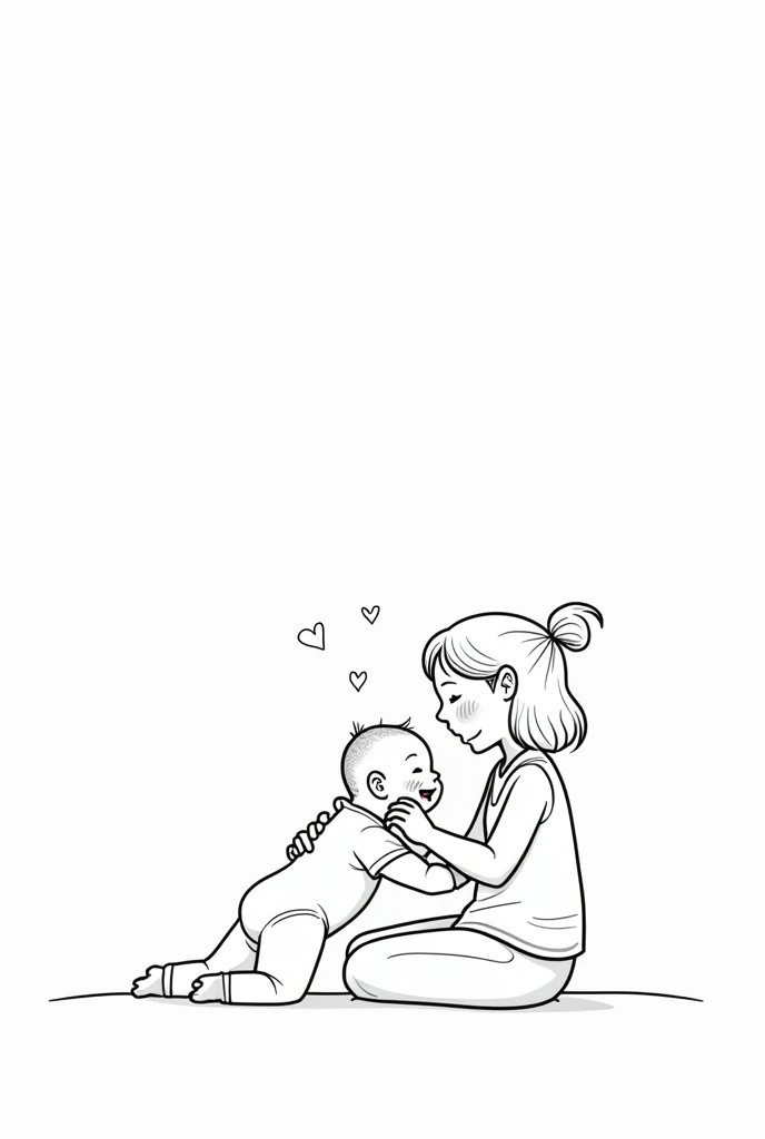 A cute newborn baby is playing with his mom. Simple line art illustration with some bold lines without colors