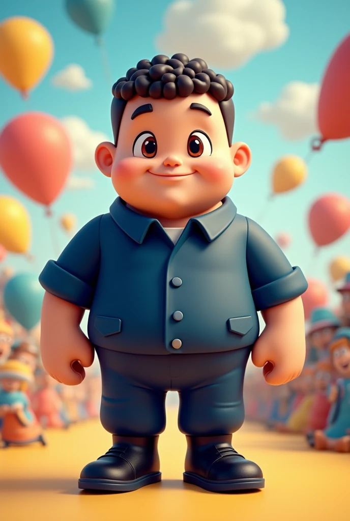 Create a 3d mascot with an adult face without a beard, a thin, light brown male with a thin face and a thin chin with brown eyes in a dark blue uniform with dark blue pants without details with black boots, and also with curly, short hair, goose bumps and bald with a thin nose.