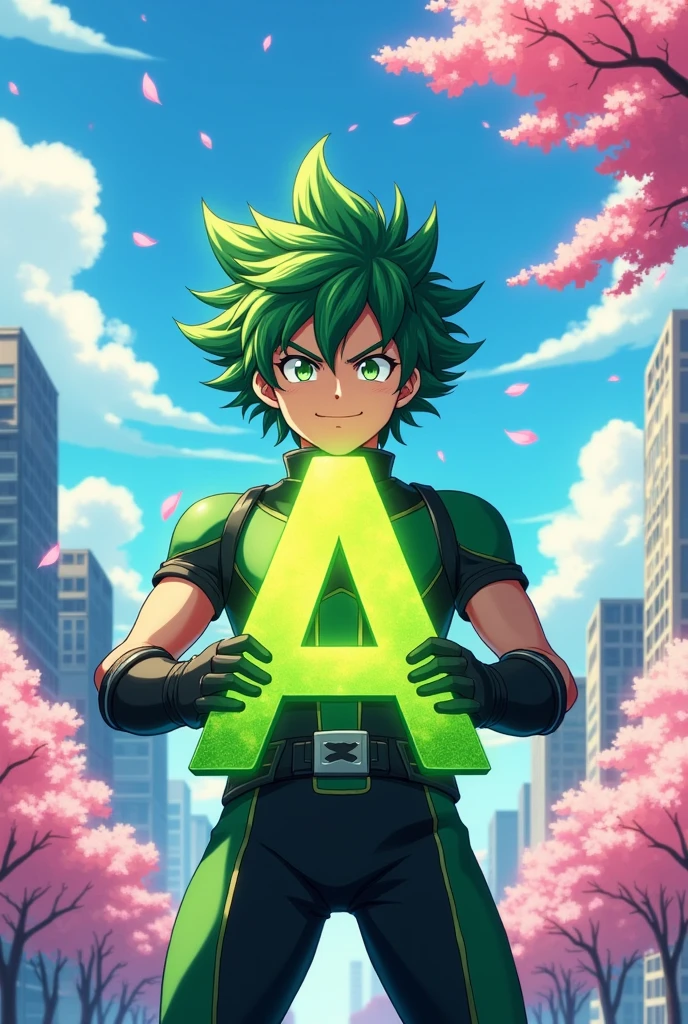 Deku holding a letter A
