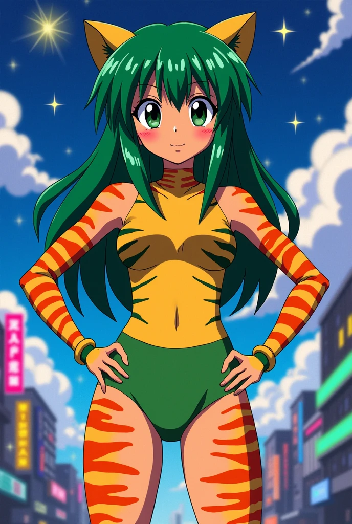 score_9, score_8_up, score_7_up, lum, solo, retro artstyle, 1980s style, breasts, blue eyes, eyeshadow, green hair, bangs, aqua hair, tsundere, dynamic angle, large breasts, large ass, loose cropped tiger-stripped sweatshirt, underboob, (cameltoe:0.6), skinny, thong, flashy clothing colors, textured clothing, embarrassed, japanese garden, bright sunny background, ExpressiveH, scenery, ultradetailed, highdefinition, ((flying, floating in air, anime japanese town, fly over houses, floating hair, wide view, from far)), pout, yandere, sparkling eyes, motion blur, wide shot