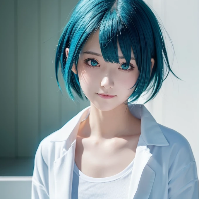Screenshot of My Hero Academia, girl with light pastel blue hair color and one black eye and one dark pastel blue eye, shirt neither too long nor too short with black and purple stripes