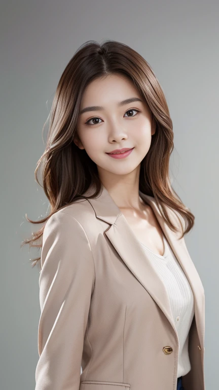 (Highly detailed CG Unity 8K wallpaper, highest quality, Super detailed, look at the camera:1.2, light shines on your face:1.5, gray background, professional lighting), Japan female, 26 years old, Upper body composition with brightly lit face. She has an oval face, soft arched eyebrows, bright expressive eyes,, pronounced nose, And a friendly smile. Her hair is shoulder-length, straight, Dyed a light chestnut color. she is wearing a smart casual blouse, Probably soft colors, Paired with a chic blazer, Embody her lively and sociable personality