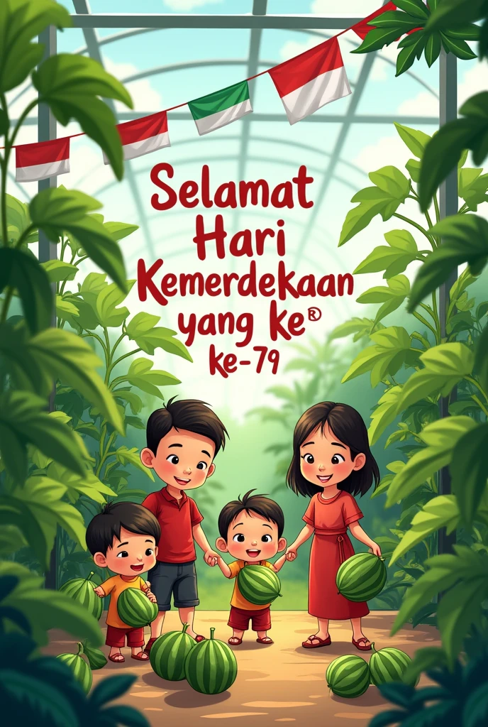 Create a sketch of the 79th Indonesian Independence Day celebration with the theme of picking melon plants in a greenhouse, together with the community with cartoon characters, there is an Indonesian flag, writing "Happy 79th Indonesian Independence Day" in Indonesian language.
