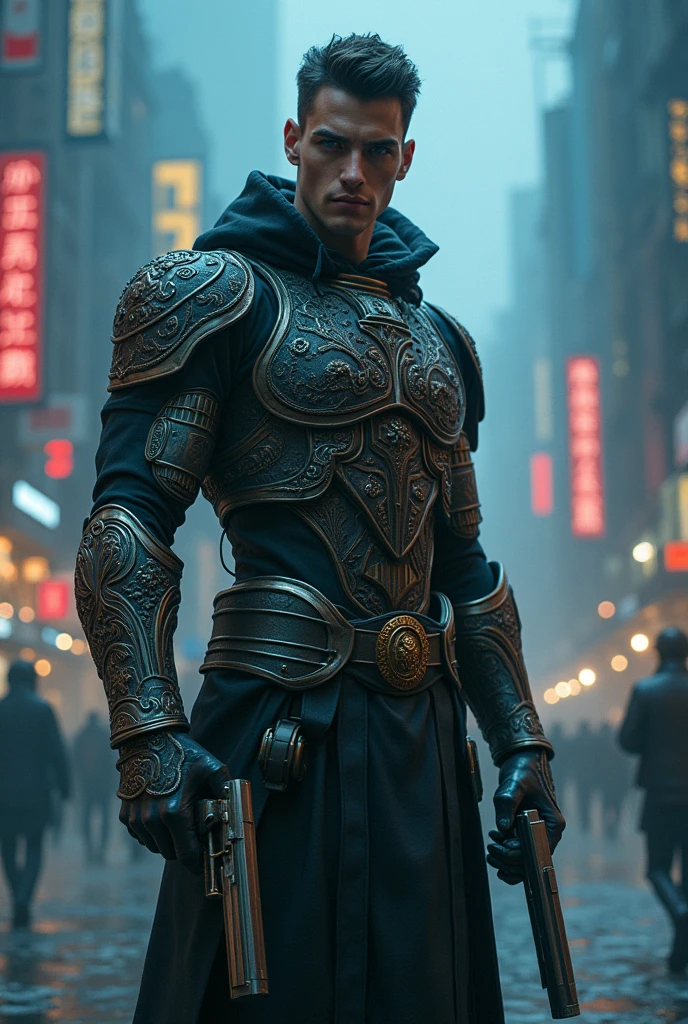 RPG, realistic tall, 1,80 white, weighing 80 kg and thin blue eyes, with two pistols, high-breed male clearance, with ancient cybernetic style chest armor