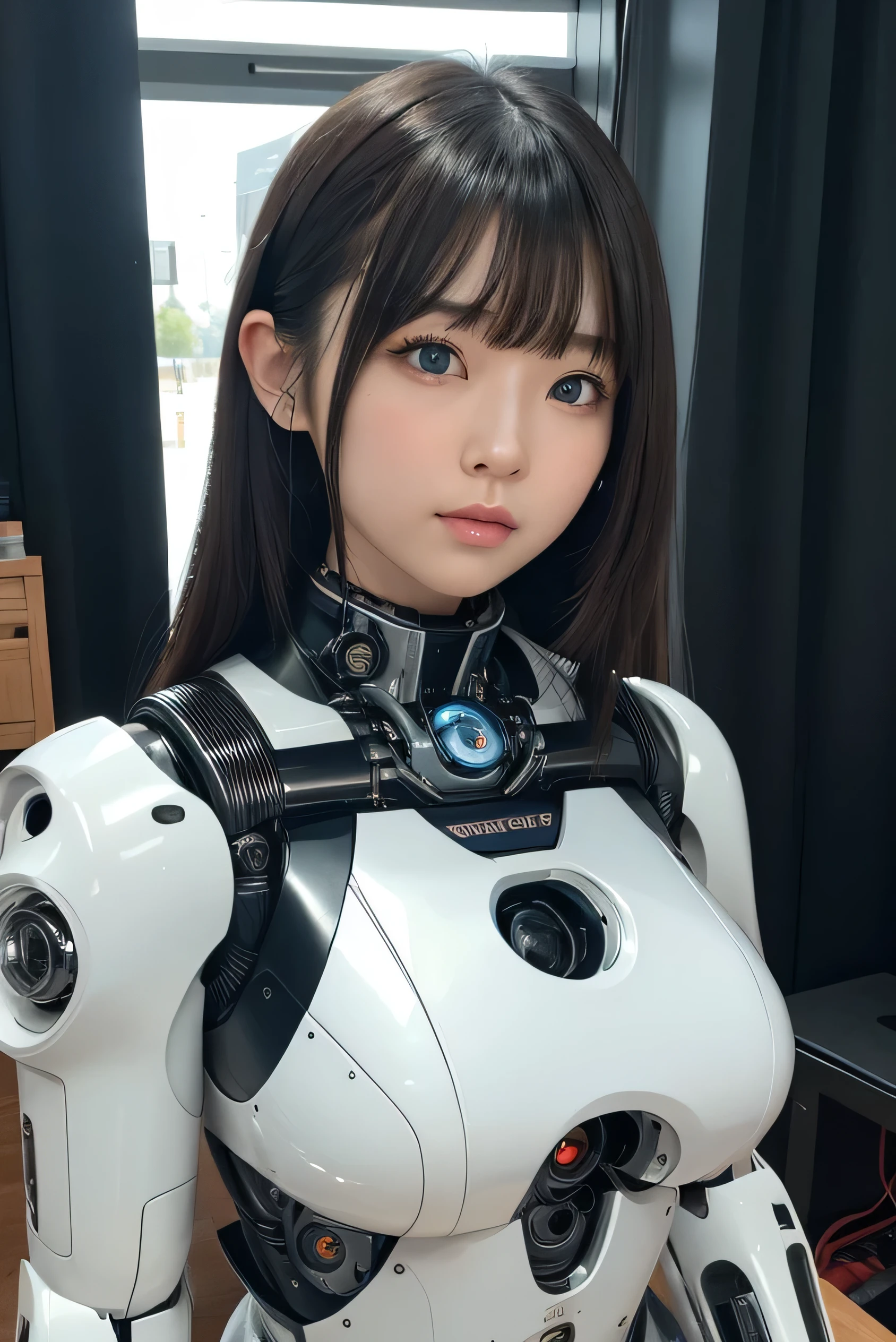 masterpiece, best quality, extremely detailed, Japaese android girl,portrait,Plump,a bit chubby,control panels,android,Droid,Mechanical Hand, Robot arms and legs, Black hair,Blunt bangs,perfect robot girl,long tube,thick cable connected her neck,android,robot,humanoid,cyborg,japanese cyborg girl ,robot-assembly plant,She is assembling now,assembly scene,blue eyes,chest monitor