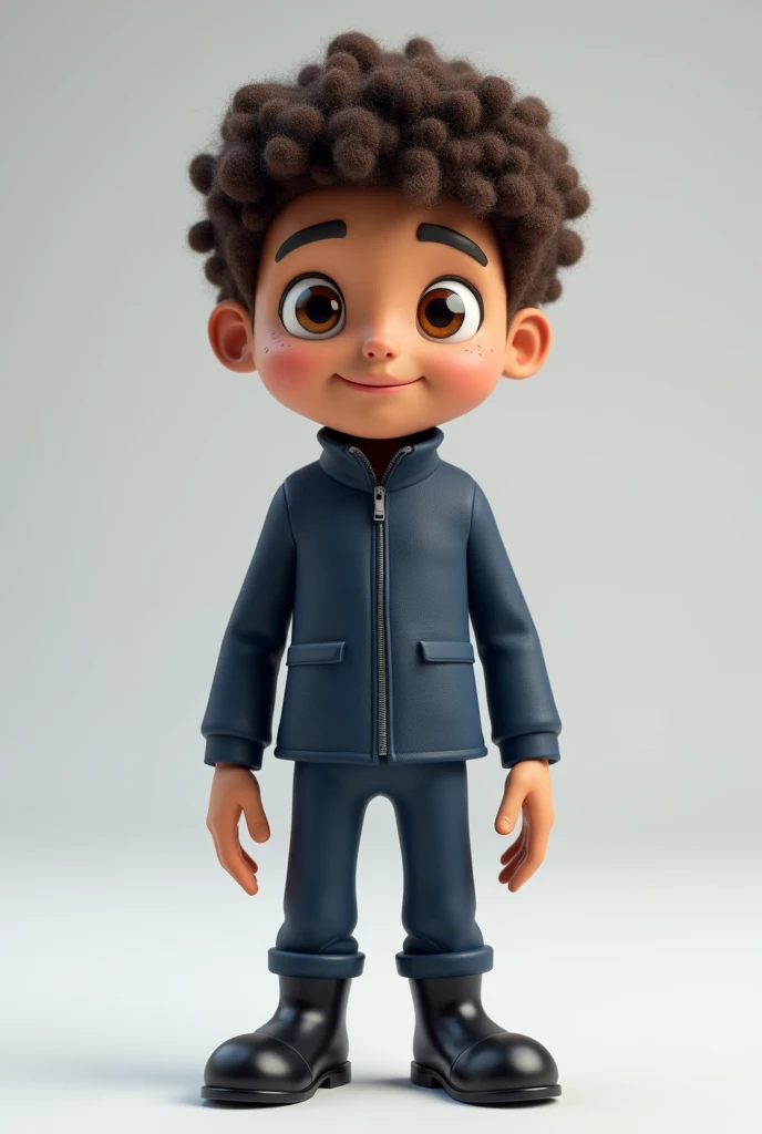 Create a 3d mascot with an adult face without a beard, a thin, light brown male with a thin face and a thin chin with brown eyes in a dark blue uniform with dark blue pants without details with black boots, and also with curly, short hair, goose bumps and bald with a thin nose.