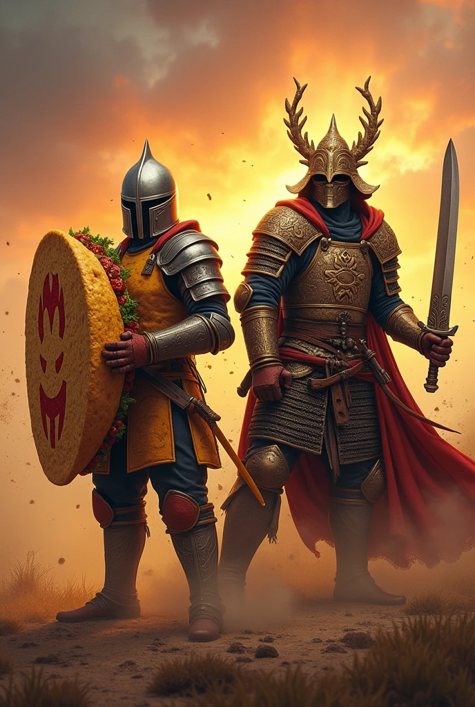 Taco Bell restaurant as a medieval Warrior fighting alongside Panda Express restaurant as a medieval Warrior in a battlefield. Panda Express Chinese Warrior in traditional Chinese armor. Taco Bell warrior with a giant taco as a shield. Panda Express warrior has a bamboo sword, and a soy sauce packet as a shield.