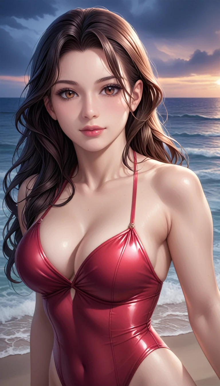 score_9, score_8_superior, score_7_superior, High-resolution CG illustration,A masterpiece in 32K resolution,Highest quality,it is really amazing,Very detailed,Ultra-high resolution,Ultra-realistic,Realistic,Increased depth of field,Cinematic lighting,
Sexy mature Japan woman,
Straight long hair with black hair,Showing his forehead,Ultra-detailed and beautiful face,Calm and gentle look,Beautiful brown eyes,Glossy, moisturized skin,Translucent white skin,Realistic skin texture,Great proportions,
Elegant red swimsuit,
Simple design,Chic color scheme based on red,Detailed fabric texture,
(Dark overcast sky on a dull night:1.1),(Dark clouds filling the sky:1.1),Thundercloud,Coastline at night,Stormy seas,delay々A desolate sandy beach that continues,
Beautiful cleavage,High angle,