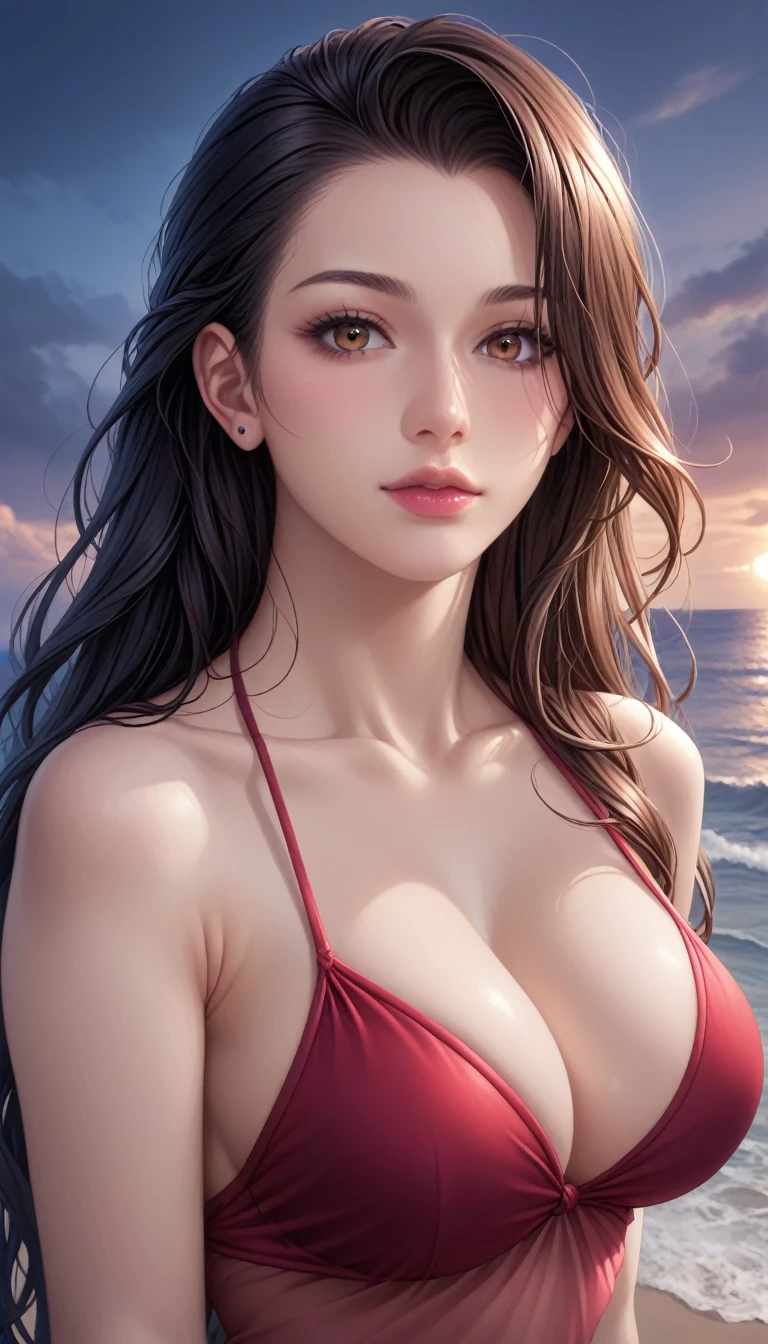 score_9, score_8_superior, score_7_superior, High-resolution CG illustration,A masterpiece in 32K resolution,Highest quality,it is really amazing,Very detailed,Ultra-high resolution,Ultra-realistic,Realistic,Increased depth of field,Cinematic lighting,
Sexy mature Japan woman,
Straight long hair with black hair,Showing his forehead,Ultra-detailed and beautiful face,Calm and gentle look,Beautiful brown eyes,Glossy, moisturized skin,Translucent white skin,Realistic skin texture,Great proportions,
Elegant red swimsuit,
Simple design,Chic color scheme based on red,Detailed fabric texture,
(Dark overcast sky on a dull night:1.1),(Dark clouds filling the sky:1.1),Thundercloud,Coastline at night,Stormy seas,delay々A desolate sandy beach that continues,
Beautiful cleavage,High angle,