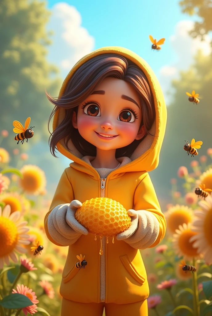 Create a 3d Disney Pixar style character for me , of a woman collecting honey from bees ,wearing a beekeeper suit with medium brown hair and brown eyes