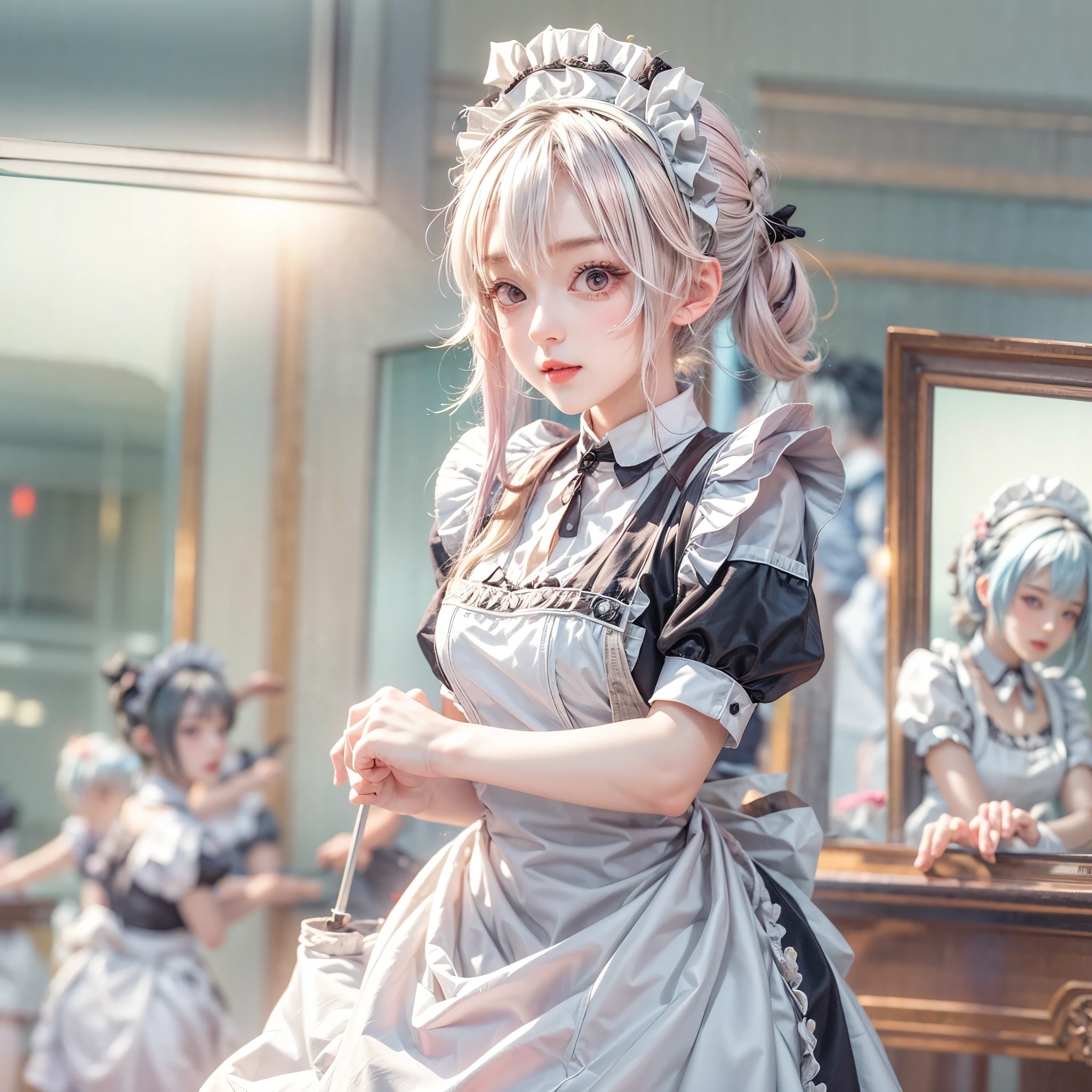 (Full Body of Extremely Detailed((Kawaii Maid Group in a row:1.37))), Childish perfect face, Reflective Eyes, Detailed(Delicate Clothing textures), Correct Leg Line, Dynamic Joyful Expressions LifeLike Rendering, Specular Reflection, TopQuality 8K Ultra-detailed masterpiece (ProfessionalPhoto:1.37), (Acutance:0.8), (Luminism:1.28), (Renaissance art style), Colorful Light particles, ((Full body from side)), {MicroMini(SkirtLift)|Kissing|Breast Lifting|Undressing|Thigh Gap}, Radiant Fine Skin with Transparency, (Exposed:0.5), (Different types of Anime hair color){Pink Hair|Light Blue Hair|Pure White Hair}, Perfect Lighting 