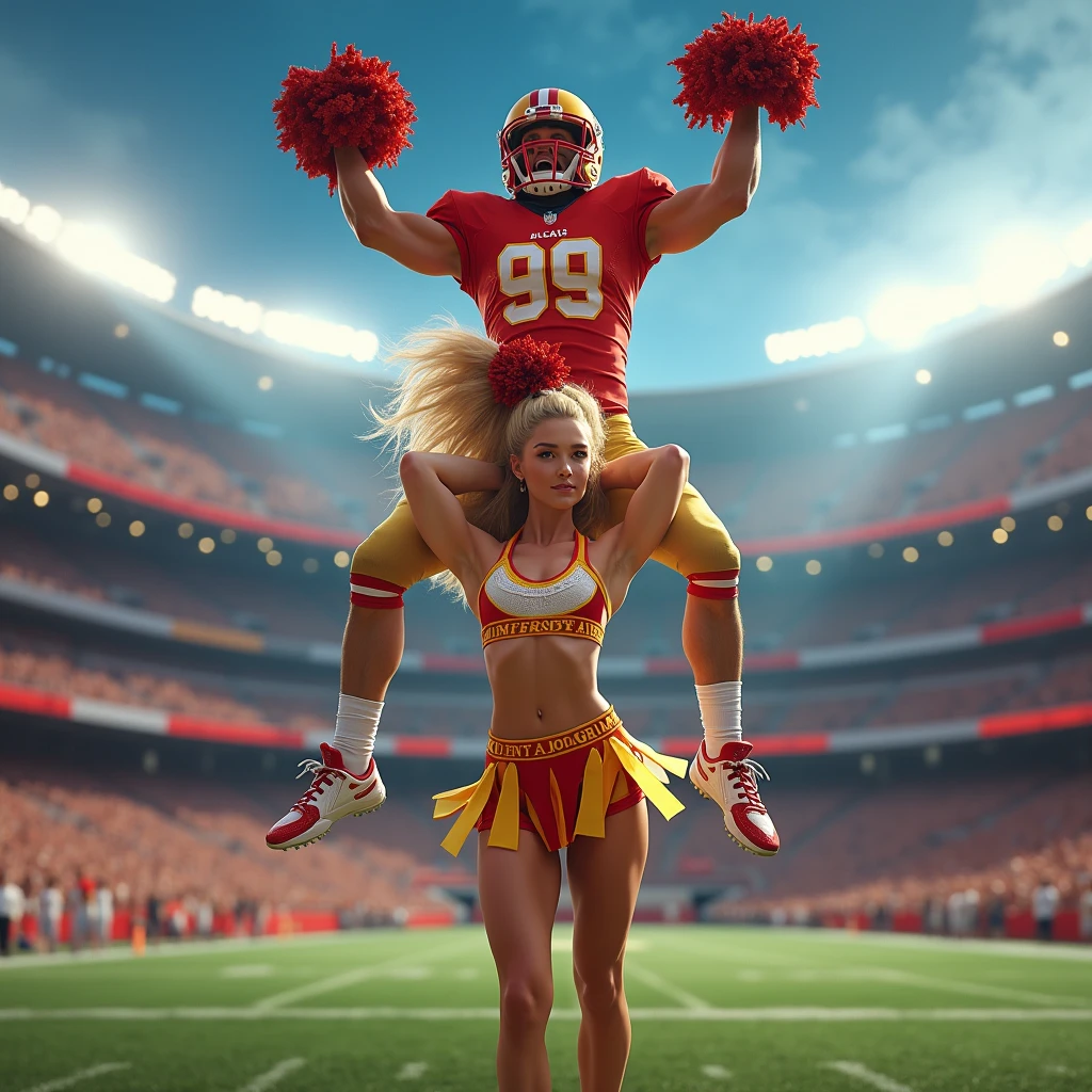 Blonde, Beautiful, and strong cheerleader lifting a large male football player in her strong arms. Photorealistic. View from a distance.