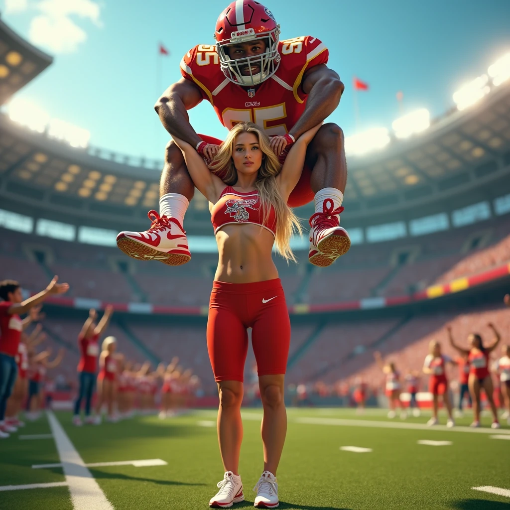 Blonde, Beautiful, and strong cheerleader lifting a large male football player in her strong arms. Photorealistic. View from a distance.