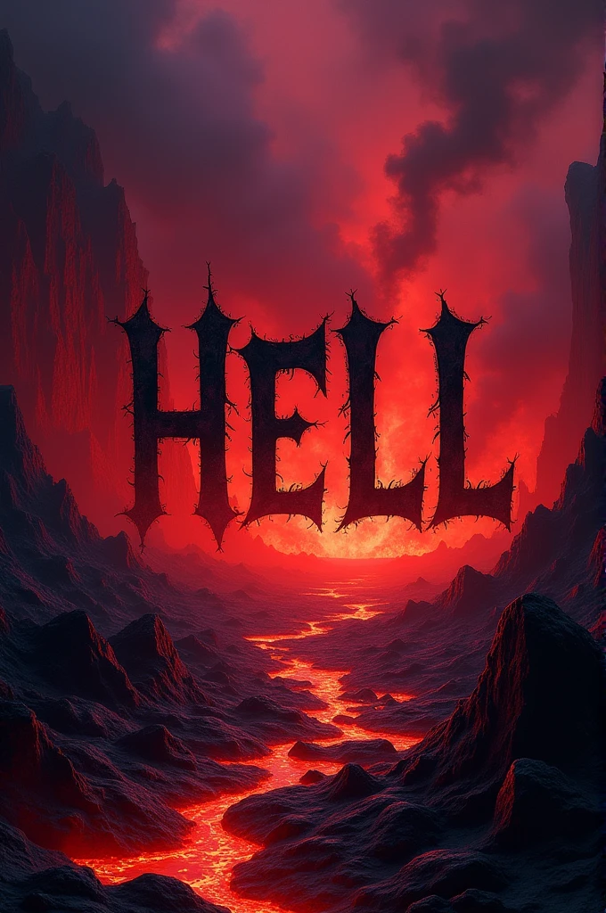 Hell themed image with red color tones, purple and black with the word HELL 