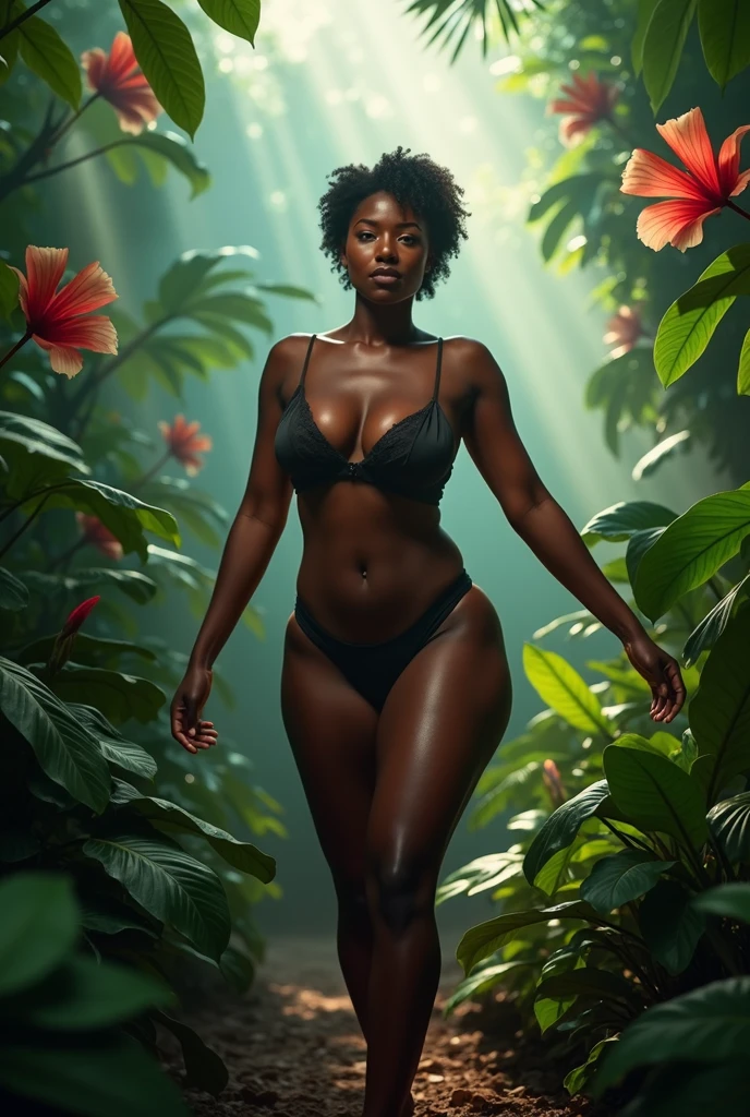 a mystical portrait of a curvy , beautiful african woman with the body of a goddess and short cut natural hair. She Walks through the foliage of a tropical, dense jungle overgrown with tropical plants and flowers and monsterra leaves. she is totally nude with dark glossy skin, big, (saggy natural breasts :1.5), wide hips, thick thighs and narrow waist. The atmosphere is dramatically lit with light streaking through the foggy background illuminating her body and drawing shadows across her . She poses elegantly
